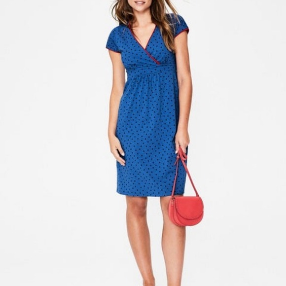 Boden Dresses & Skirts - Boden Blue Polka Dot Jersey Surplice Dress Size 6